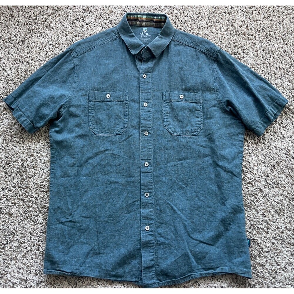 Kuhl Shirt Mens Large Blue Linen Cotton Button Up Short Sleeve Outdoors Casual
